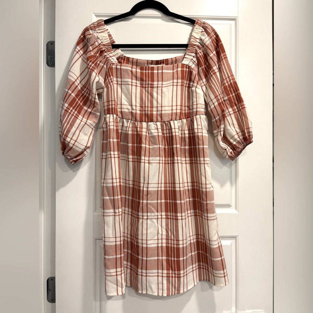 Monteau‎ Plaid Puff Sleeve Dress Womens Small Square Neck Cottagecore Peasant